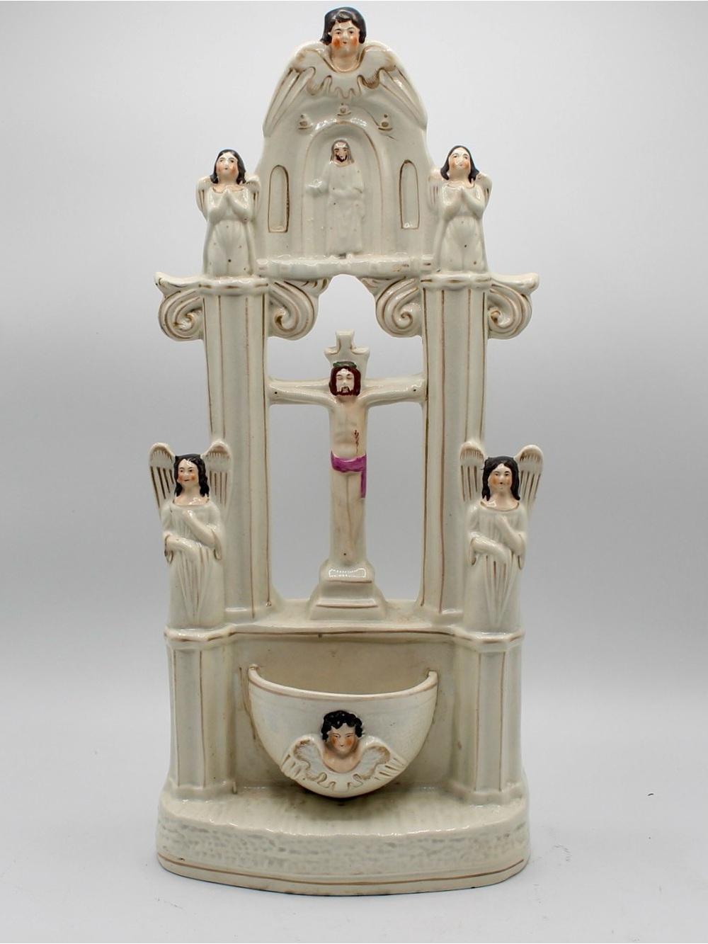Large Victorian Staffordshire Holy Water Stoup, Jesus on Cross, Holy Water Font
